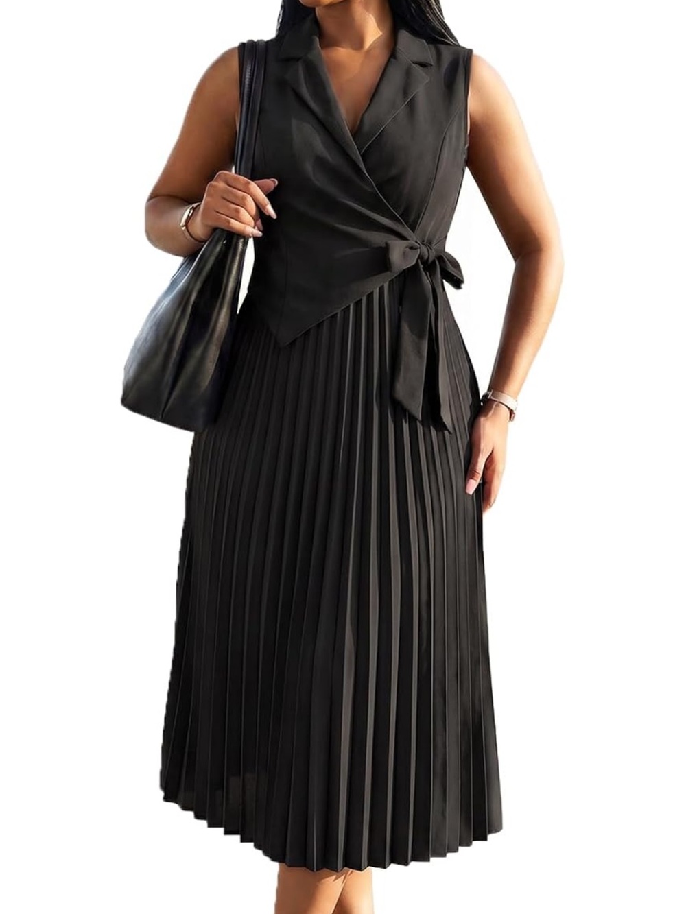 Pleated Midi Skirt with Side Tie - Black
